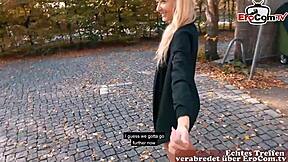 A slim athletic blonde with small tits participates in a german real street casting interview.
