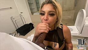 The bathroom at a party is where Selena Blaze gives mind blowing blowjob