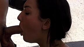 Amateur teen gives morning blowjob to Mexican border patrol officer outdoors.