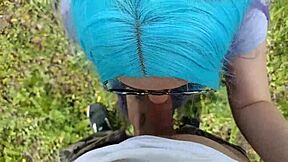 Horny teen student gives nasty blowjob in public park with cumshot