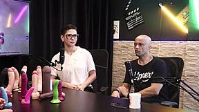 Eilani Quina and Victor Luciano explore different toys in sheer red lingerie.