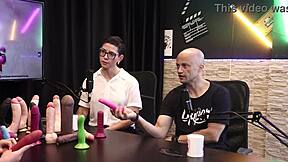 Eilani Quina and Victor Luciano explore different toys in sheer red lingerie.