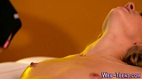 Slutty blonde teen licks pussy