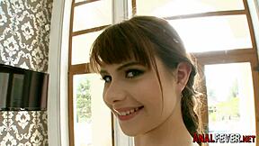 Teen in heels with small tits gets jizz on her ass hole