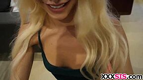 Blonde Elizabeth Jolie is fucked hard by her stepbrother in a homemade scene with a monster cock, focusing on her ass and hardcore action.