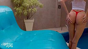 Skinny teen masturbates and blows friends by the pool POV