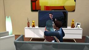 Horny blue-haired slut gives pussy to stepdad while watching movie