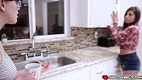 busty stepsis blows her stepbros dong in the bed while his girlfriend watching tv