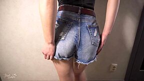 Teen amateur teases tight ass in snug jeans shorts