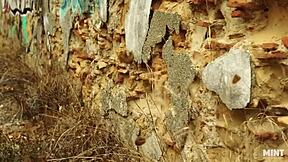 Petite Russian girl rips clothes in outdoor striptease while masked and in heels.