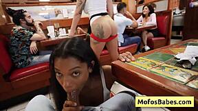 two sexy big tit waitresses elana bunnz and eden west share derek savage's huge cock in a public diner