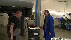 Tattooed babe rides monster cocks in garage threesome