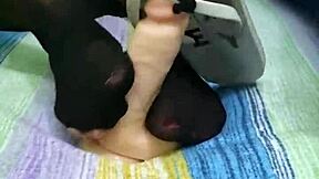 Footjob with Dildo in Torn Pantyhose, Masturbating Doggy Style, Wow!