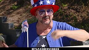 Stepfamily threesome heats up on Fourth of July. Teen Jennifer Jacobs and milf Ariella Ferrara bang new stepbrother.