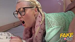 in fake hostel dorm, cheating young blonde gets rimjob and blowjob to orgasm, wanting to be bred