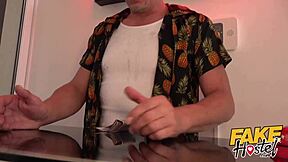 in fake hostel dorm, cheating young blonde gets rimjob and blowjob to orgasm, wanting to be bred