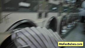 Petite brunette teen sucks cock in a public laundromat. Nikki Mars and Jason Legend! 😘