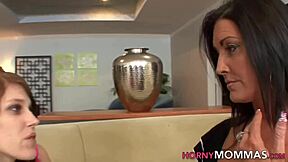 This brunette teen 18+ and stepmom are getting into some lesbian action.