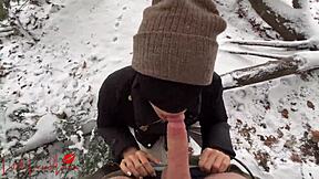 asian luna deepthroats big cock in snowy public park