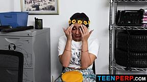 Brunette Lilly Hall damages fur coats in shop