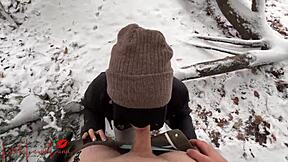 asian luna deepthroats big cock in snowy public park