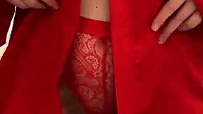 brunette in red lingerie plays with her big tits