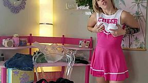 Blonde Cheerleader Trying On Sexy Wishlist Gifts Feeling Excited