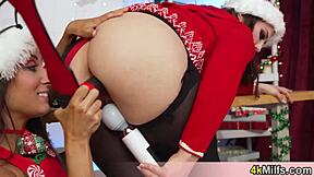 cute mandy waters fucks stepmom with huge strapon at xmas party