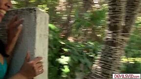 big tits milf says, 'bend over, college dude, let me suck your balls outdoors.'