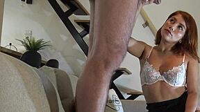 Hot redhead teases with dripping handjob on hairy pussy