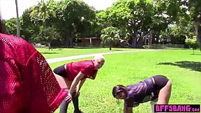 The footballer teens and their best friends have a session with their trainer after workout.