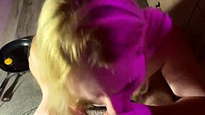 Housewife delivers a juicy blowjob right in the kitchen.