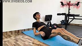 masturbating in the gym with dildo, bent over like a whore