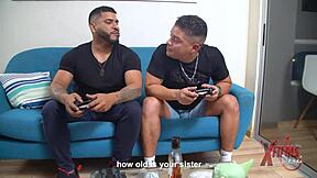 two guys visit petite redhead at home for a chat