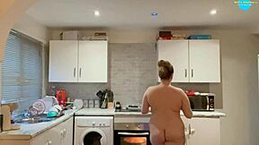 Amateur teen boldly cleans naked, showing shaved pussy