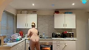 Amateur teen boldly cleans naked, showing shaved pussy