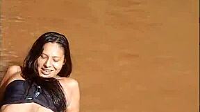 Teen prostitute uses dildo for double penetration in public river, creampie outdoor with natural tits and toys