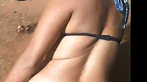 Teen prostitute uses dildo for double penetration in public river, creampie outdoor with natural tits and toys