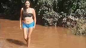 Teen prostitute uses dildo for double penetration in public river, creampie outdoor with natural tits and toys