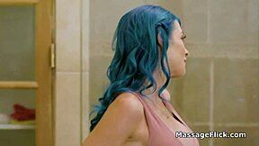 Blue-Haired Masseuse Passionately Pleases Oily Big White Dick in Shower
