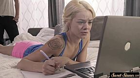 Stepdaughter Rubs Pussy While Cockriding Hard