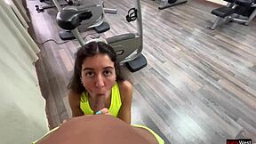 Risky public encounter in the gym involving sex and cum swallowing