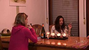 Three hot girls banging with big dildo at wild party