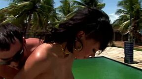 Two slutty chicks bang two guys by the pool. Total madness!