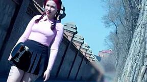 Redhead teen inna black shows tits in public