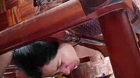 Latina Cleaner Stuck Under Table, Fucked Hard by Father-in-Law. Swollen Pussy and Deepthroat Close-Up!