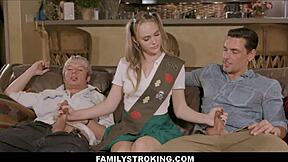 ATHENA FLEURS, THE PETITE BLONDE STEPDAUGHTER, SHOWS STEPDAD AND STEPBROTHER HOW SHE EARNS MONEY WITH BLOWJOBS.