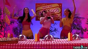 Ebony lesbian Alexis Tae dominates Eliza Ibarra and Charlotte Sins with strapon action in wild 3some