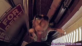 Can you believe this blonde teen got jizzed on her face from a monster cock blowjob in public?