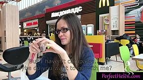 Hot brunette swallows stranger's cum after outdoor blowjob